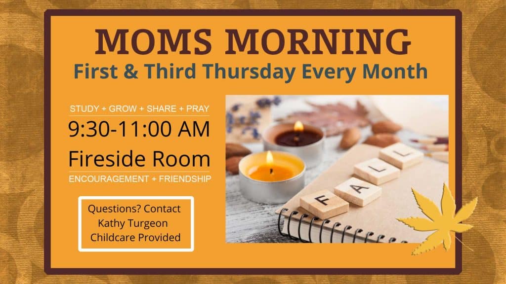 1st & 3rd Thursdays, 9:30-11 am, moms meet for encouragement on the parenthood journey.