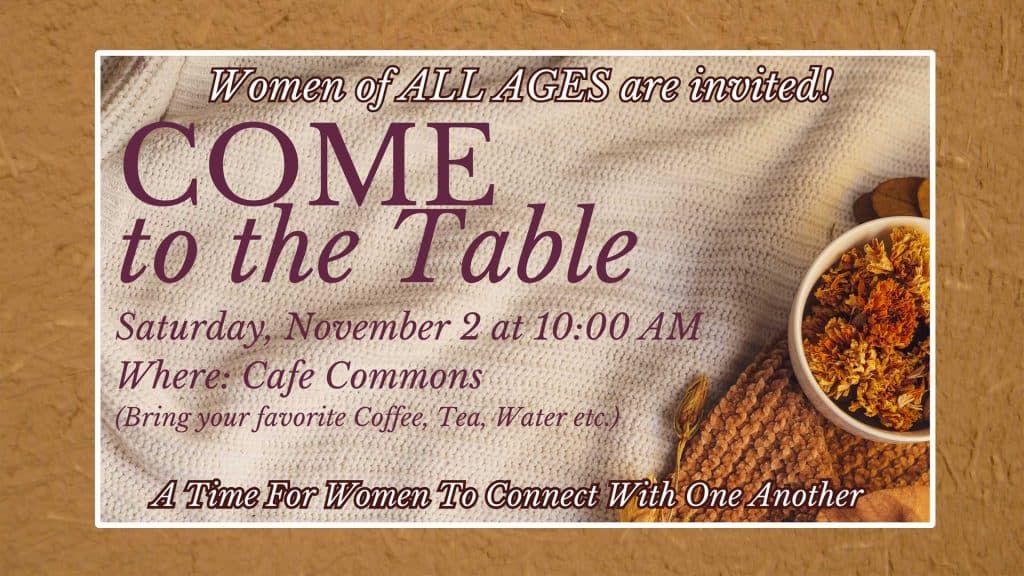 Sat, Nov 2, 10 am: Monthly gathering for meaningful conversation around the Cafe tables.