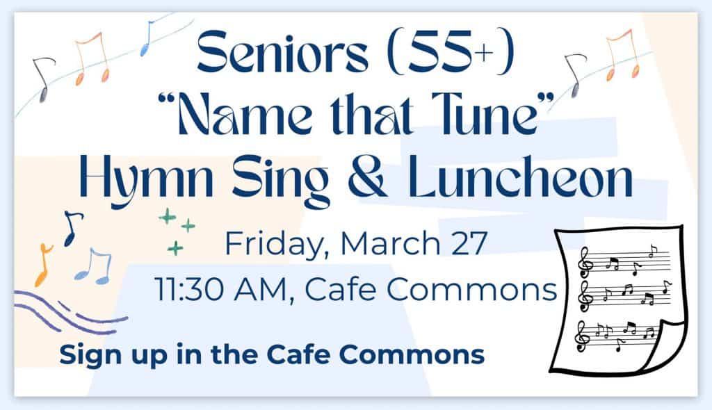 Mar 27, 11:30 am: Sign up so we know you're coming to the next Seniors 55+ social gathering.